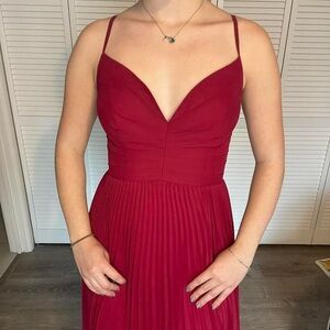 Red Elegant V-Neck Pleated Maxi Dress - Wine Red